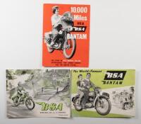 BSA: Three&nbsp;different BSA brochures, BSA Bantam 125cc, overseas edition March 1953, BSA Bantam overseas edition August 1953, 10000 miles on a BSA Bantam July 1954, all&nbsp;printed in England, in overall good condition&nbsp;&nbsp;