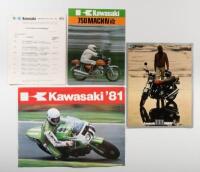 KAWASAKI: 4 pieces of unique Kawasaki paperwork, a Kawasaki motorcycles retail price list July 1974, Kawasaki 750 Mach IV brochure, Kawasaki 900 super 4 brochure, Kawasaki '81 full range foldout brochure with Gregg Hansford on the cover [Location: Melbour