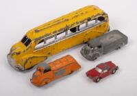 TOOTSIE/SCHUCO TOYS: A collection of four vintage play worn toys, featuring a Tootsie Toys bus and two trucks plus also a Schuco, Fiat Spyder 716
