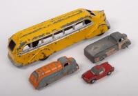 TOOTSIE/SCHUCO TOYS: A collection of four vintage play worn toys, featuring a Tootsie Toys bus and two trucks plus also a Schuco, Fiat Spyder 716 - 2