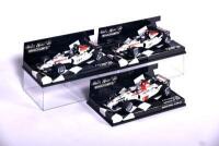 BAR-HONDA: Three Minichamps 1:43 scale models 2004 Takuma Sato Japanese GP, 007 Takuma Sato, 007 Jenson Button, boxed [Location: Sydney] - 5