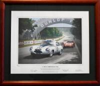 KEITH WOODCOCK: Limited Edition (216/475) framed and glazed print titled &lsquo;E-type at Terte Rouge 1962&rsquo; signed by co-drivers Briggs Cunningham and Roy Salvadori, plus the artist 64cm x 55cm [Location: Sydney]