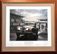 KEITH WOODCOCK: Limited Edition (216/475) framed and glazed print titled &lsquo;Seven Days and Seven Nights&rsquo; depicting the record breaking run of the Jaguar XK120, signed by Stirling Moss, Jack Fairman, Bert Hadley, Mortimer Morris-Goodall and the artist, 76cm 