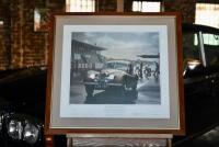 KEITH WOODCOCK: Limited Edition (216/475) framed and glazed print titled &lsquo;Seven Days and Seven Nights&rsquo; depicting the record breaking run of the Jaguar XK120, signed by Stirling Moss, Jack Fairman, Bert Hadley, Mortimer Morris-Goodall and the artist, 76cm - 6
