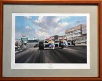 ALAN FEARNLEY: Limited edition framed and glazed print titled &lsquo;True Brit&rsquo; depicting Nigel Mansell&rsquo;s Williams FW11 at the 1986 British Grand Prix, signed by Nigel Mansell and the artist, 80cm x 62cm [Location: Sydney]