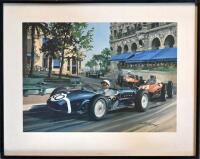 MICHAEL TURNER: A framed and glazed print depicting Stirling Moss racing his Lotus 18 at Monaco, 54cm x 43cm [Location: Sydney]