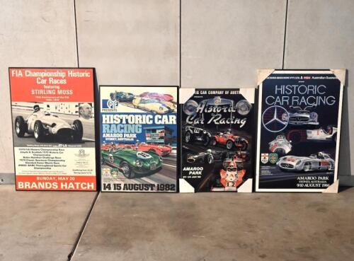 POSTERS: A group of four posters mounted on board depicting three historic race meetings at Amaroo Park in 1982 (47cm x 67cm), 1986 (51cm x 77cm), 1988 (44cm x 64cm), plus one at Brands Hatch in 1979 (51cm x 77cm) [Location: Sydney]