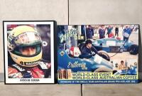 FRAMED PHOTOGRAPH: A framed photograph of Ayrton Senna (41cm x 51cm) together with a poster mounted on board of Vittorio coffee sponsoring the Osella team at the 1986 Australian Formula One Grand Prix (65 x 47cm) [Location: Sydney]