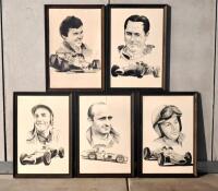 JOHN STONEHAM: A collection of five Limited Edition (all 19/100) framed portraits by artist John Stoneham depicting drivers Juan Manuel Fangio, Stirling Moss, Jack Brabham, John Surtees and Alan Jones, 34cm x 48cm [Location: Sydney]