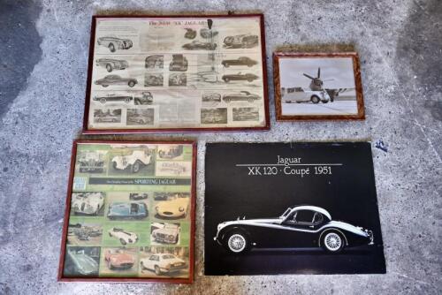 37 · JAGUAR: Four pictures including a framed photograph of the Jaguar Mark V Drophead (43 x 38cm), poster on board XK120 FHC *80 x 60cm), framed poster ‘The New “XK” Jaguar’ (90 x 65cm) and framed poster ‘The Changing Shape of the Sporting Jaguar’ (58 x 64cm) [Location: Sydney]
