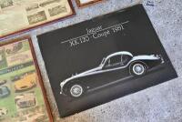 JAGUAR: Four pictures including a framed photograph of the Jaguar Mark V Drophead (43 x 38cm), poster on board XK120 FHC *80 x 60cm), framed poster &lsquo;The New &ldquo;XK&rdquo; Jaguar&rsquo; (90 x 65cm) and framed poster &lsquo;The Changing Shape of the Sporting Jaguar&rsquo; (58 x 64cm) - 4