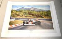 ALAN FEARNLEY: An unframed, limited edition (399/850) print titled &lsquo;World Champion&rsquo; depicting Niki Lauda&rsquo;s McLaren at Estoril in 1984, signed by Niki Lauda, John Barnard and the artist, 70cm x 52cm [Location: Sydney]