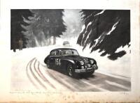 JAGUAR: A hand coloured print of a Jaguar Mark VII on the 1956 Monte Carlo Rally by Roy Nockolds, depicting Ronnie Adams winning the event outright, signed by the artist, 76cm x 56cm [Location: Sydney]