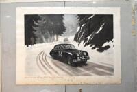 JAGUAR: A hand coloured print of a Jaguar Mark VII on the 1956 Monte Carlo Rally by Roy Nockolds, depicting Ronnie Adams winning the event outright, signed by the artist, 76cm x 56cm [Location: Sydney] - 2