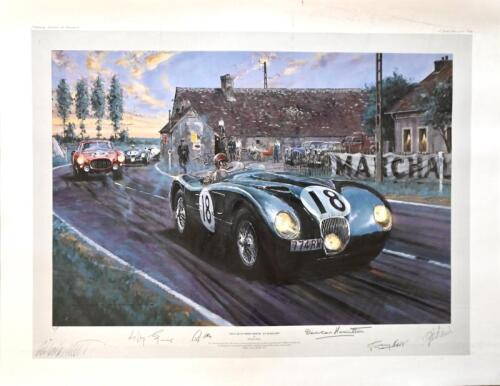 NICHOLAS WATTS: Limited edition unframed Artist’s Proof titled ‘Jaguar at the White House’ depicting the Jaguar C-type at Le Mans, signed by Stirling Moss, Duncan Hamilton, Tony Rolt, Lofty England and the artist, with a Certificate of Authenticity, 63cm x 82cm [Location: Sydney]