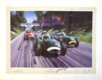 NICHOLAS WATTS: A limited edition (746/750) unframed print titled &lsquo;British Racing Green&rsquo; depicting the Vanwalls at the 1957 Italian Grand Prix print, signed by Tony Brooks, Stirling Moss, Frank Costin and Juan Manuel Fangio with a Certificate of Authentic