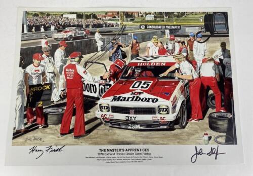 FIRTH/SHEPPARD: Print "The Master&rsquo;s Apprentices" depicting a 1978 Bathurst Dealer team pitstop, signed by Harry Firth and John Sheppard 42 cm wide, 30 cm high.