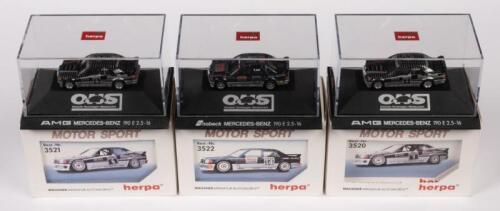 HERPA: A trio of 1:87 scale Herpa model cars, all 3 are variants of Mercedes Benz 190 E race cars