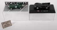 JAGUAR D TYPE: A pair&nbsp;of 1:43 scale&nbsp;models, a&nbsp;Jaguar D type, winner Le Mans 1955, a lovely model out of the UK on a plinth including a driver figurine, made by lyns models UK, also a Jaguar D type, finished in green, made by High Speed &nbsp;