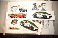 CHRIS DUGGAN: Ten unframed prints by Chris Duggan depicting Grand Prix drivers Peter Collins, Graham Hill, Jim Clark, Stirling Moss, Jochen Rindt and Gilles Villeneuve, each numbered and signed by the artist, one piece signed by Stirling Moss, various siz