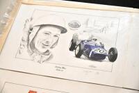 CHRIS DUGGAN: Ten unframed prints by Chris Duggan depicting Grand Prix drivers Peter Collins, Graham Hill, Jim Clark, Stirling Moss, Jochen Rindt and Gilles Villeneuve, each numbered and signed by the artist, one piece signed by Stirling Moss, various siz - 3