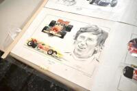 CHRIS DUGGAN: Ten unframed prints by Chris Duggan depicting Grand Prix drivers Peter Collins, Graham Hill, Jim Clark, Stirling Moss, Jochen Rindt and Gilles Villeneuve, each numbered and signed by the artist, one piece signed by Stirling Moss, various siz - 5