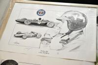 CHRIS DUGGAN: Ten unframed prints by Chris Duggan depicting Grand Prix drivers Peter Collins, Graham Hill, Jim Clark, Stirling Moss, Jochen Rindt and Gilles Villeneuve, each numbered and signed by the artist, one piece signed by Stirling Moss, various siz - 10