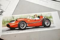 CHRIS DUGGAN: Ten unframed prints by Chris Duggan depicting Grand Prix drivers Peter Collins, Graham Hill, Jim Clark, Stirling Moss, Jochen Rindt and Gilles Villeneuve, each numbered and signed by the artist, one piece signed by Stirling Moss, various siz - 18