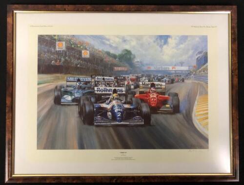 SENNA: An Alan Fearnley print depicting Ayrton Senna leading 1994 Brazilian Grand Prix. L.E 18/850