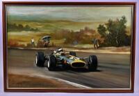 DION PEARS (British, 1929-1985): oil on canvas. Jim Clark winning the 1968 South African Grand Prix in his Lotus 49, framed and signed by the artist in the lower margin [Location: Sydney]