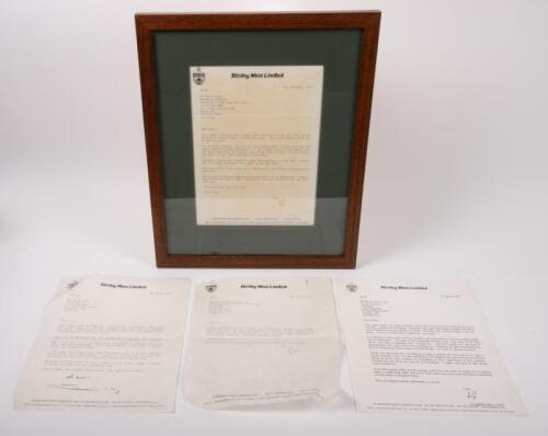 STIRLING MOSS: Four printed letters from Stirling Moss Limited with conversations between David Jones Tattersall's & Stirling Moss, 1990s -2000s, one letter framed 38cm high, 31cm wide