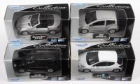 PORSCHE MERCEDES CITROEN: A collection 4 pull back model cars, Porsche cayenne turbo, Mercedes Benz SLK 350, 2003 Citroen C2, Peugeot 207