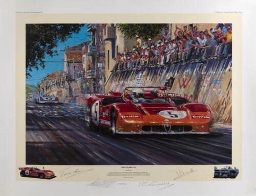 90 · ALFA ROMEO: A limited edition print (400/500) by Nicholas Watts titled "Targa Florio 1971" signed by Toine Hezemans, Nino Vaccarella, Gerard Larrousse and artist, numbered 400/500