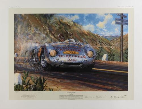 85 · HANS HERRMANN/HUSCHKE VON HANSTEIN: A limited edition print (400/500) by Nicholas Watts titled "Carrera Porsche", signed in pencil by Huschke von Hanstein and the artist, accompanied by COA and photographs