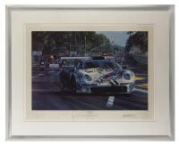 PORSCHE: A limited edition print (77/600) by Nicholas Watts titled "Le Mans 1996" signed by Thierry Boutsen, Hans Stuck, Bob Wollek and artist
