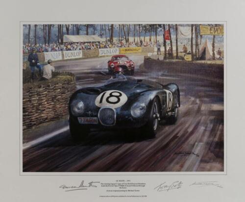 81 · TONY ROLT/DUNCAN HAMILTON: A limited edition (402/850) print by Michael Turner titled "Le Mans", signed in pencil by Tony Rolt, Duncan Hamilton and the artist
