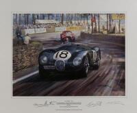 TONY ROLT/DUNCAN HAMILTON: A limited edition (402/850) print by Michael Turner titled "Le Mans", signed in pencil by Tony Rolt, Duncan Hamilton and the artist