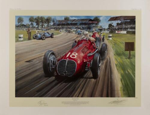 MASERATI: A limited edition print (141/500) by Nicholas Watts titled "The Italian Job" signed by Luigi Villoresi 'Gigi' and artist
