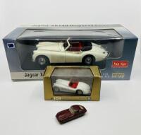 JAGUAR: Three models including an 1:64 E-type FHC by Lesney, a 1:43 scale XK120 by Brumm and a 1:18 scale XK140 DHC by Sun Star [Location: Sydney]