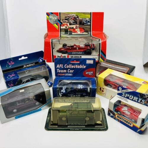 336 · MODEL CARS: Eight miscellaneous die cast model cars of various scales, including Ferrari, Lamborghini, Jeep, Brabham and others [Location: Sydney]