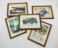 FRAMED POSTCARDS: A collection of five framed postcards featuring period advertising for Morris, M.G. and Jaguar [Location: Sydney]