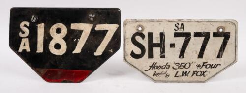 SA MOTORCYCLE PLATES: Two South Australia motorcycle number plates including a '1877' and 'SH-777', no rights to display [Location: Melbourne]