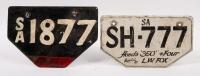 SA MOTORCYCLE&nbsp;PLATES: Two South Australia motorcycle number plates including a '1877' and 'SH-777', no rights to display&nbsp;[Location: Melbourne]