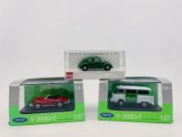VOLKSWAGEN: Three 1:87 models, a 1972 Volkswagen Bus T2 in Polizei livery by Nex Models, a Porsche 356B by Nex models and a VW Beetle by Busch, all complete with original packaging [Location: Sydney]