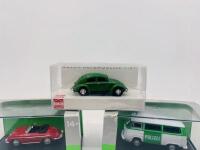 VOLKSWAGEN: Three 1:87 models, a 1972 Volkswagen Bus T2 in Polizei livery by Nex Models, a Porsche 356B by Nex models and a VW Beetle by Busch, all complete with original packaging [Location: Sydney] - 5