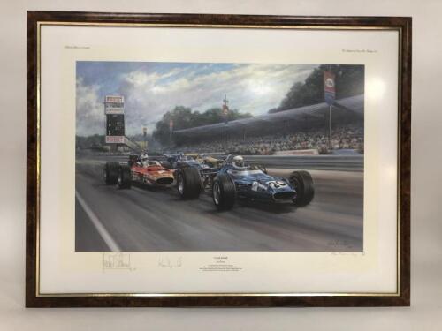STEWART: An Alan Fearnley print commerating Jackie Stewart winning the 1969 Italian Grand Prix and World Championship Title. Stewart/Tyrell signatures. L.E 149/850