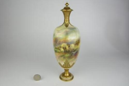 ROYAL WORCESTER: A fine Royal Worcester &lsquo;Highland Sheep&rsquo; lidded vase hand painted by Harry Davis from 1912