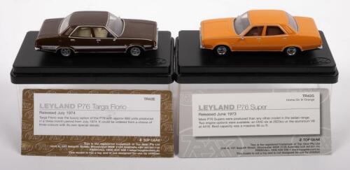 LEYLAND P76: Two 1:43 scale Trax, Leyland P76 models, includes 1973 Leyland P76 Super, colour orange, in perspex case and a 1974 Leyland P76 Targa Florio, colour brown