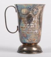 BOB CHAMBERLAIN: A silver plated trophy awarded to Bob Chamberlain at Phillip Island, engraved 'Australian Grand Prix - Golden Jubilee - Phillip Island - 12-3-1978 - Oldest Australian Grand Prix Driver - Bob Chamberlain', 11.5cm high, 10cm wide