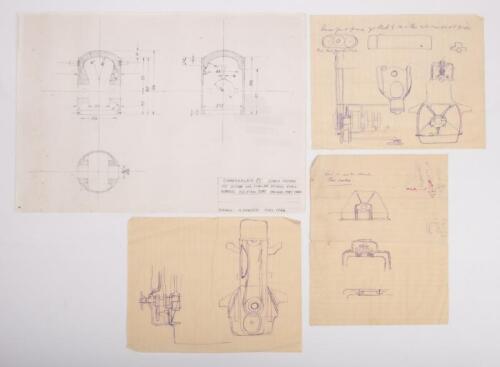 CHAMBERLAIN 8: A group of four hand drawn diagram sketches, most prominent diagram features the Chamberlain 8 lower piston cross section, drawn by H. Hawker 1994, 30cm high, 42cm wide